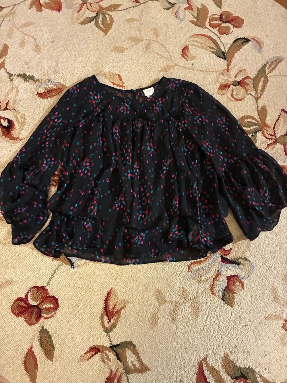 a new day Black Sheer Blouse with Pink and Teal Dot Print